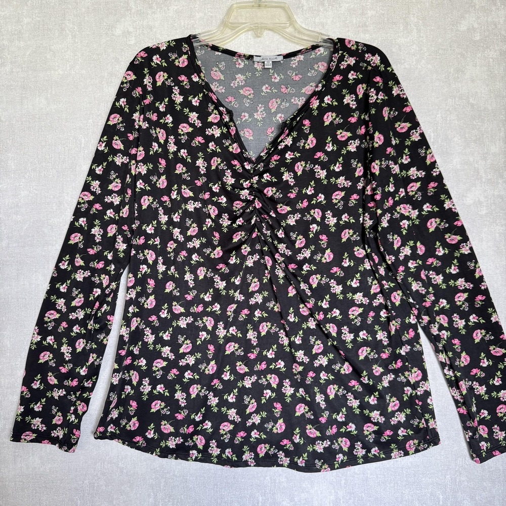 White Birch Shirt Womens 2XL Black Floral Long Sleeve Ruched‎ Tie Front V Neck